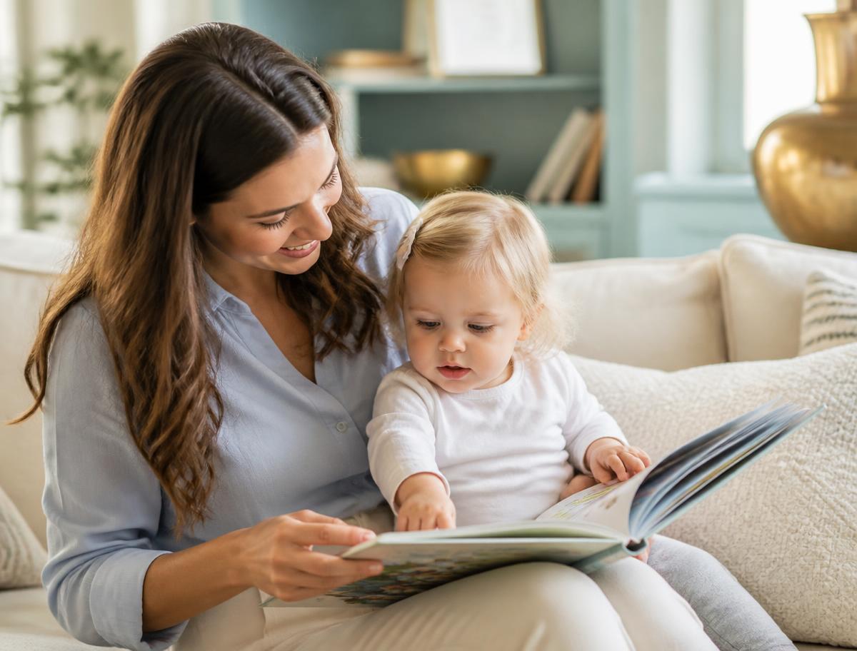A nanny reading a picture book with a toddler on a sunlit sofa
