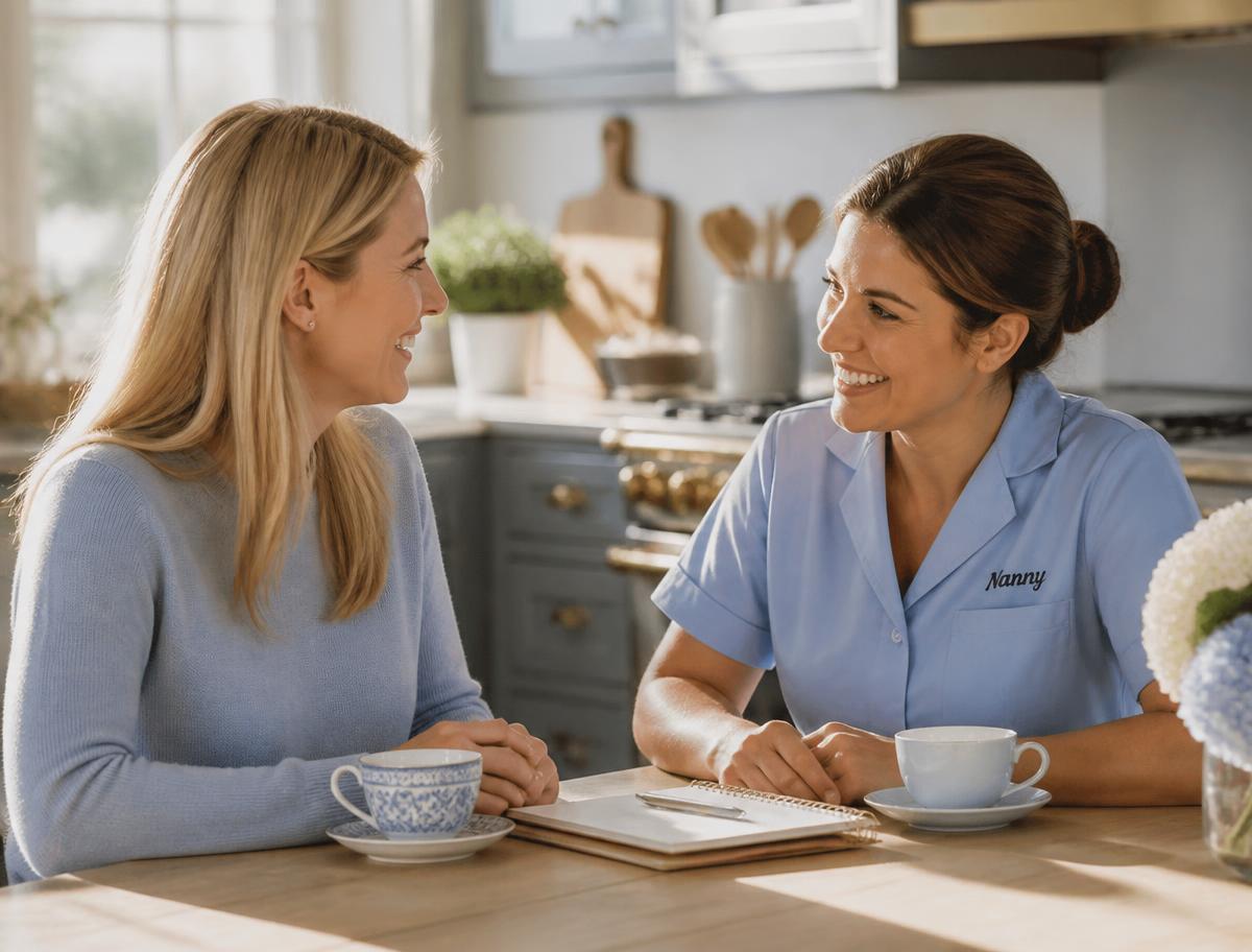 A mother and a nanny talking warmly across a sunlit kitchen table